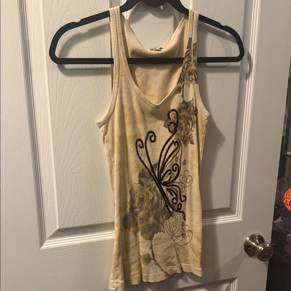 Caché Ribbed Tank Top Sequin Butterfly Size Medium